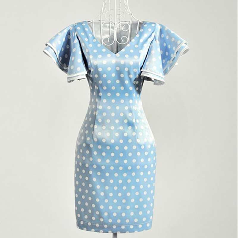 kudapy เดรสสั้นสีฟ้า-ขาว แซก ลายจุด Polka dot แขนย้วย ผ้ามันนิดๆ