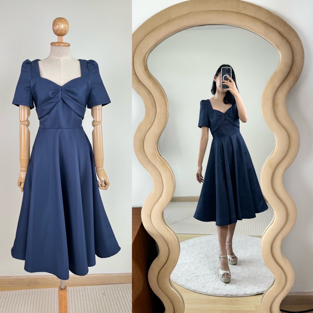 kudapy เดรสแขนสั้น คอเหลี่ยมวี คัตติ้งเริศแบบอลัง เข้ารูป เก็บทรง กระโปรงบานพริ้ว ใช้ผ้าเยอะ เจาะกระเป๋าลึก