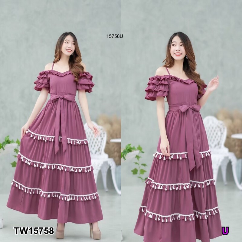 kudapy แม็กซี่เดรสสีชมพู ม่วง ม่วงอ่อน เขียว โอรสเข้ม สายเดี่ยวเว้าไหล่ แขน 2 ข้างระบายชั้น ผ้าไหมอิตาลี่ ระบายชั้นๆ