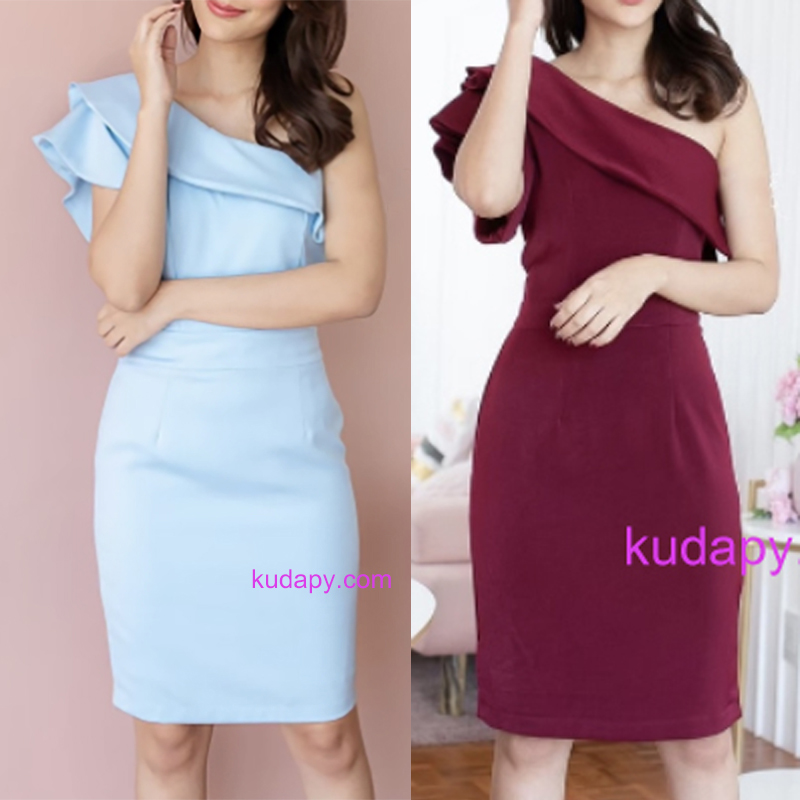 kudapy เดรสสั้นไหล่เดี่ยวสีกรมท่า,สีแดงไวน์ ,สีโอรส,สีฟ้า ผ้าฮานาโกะ เดรสสั้นออกงาน