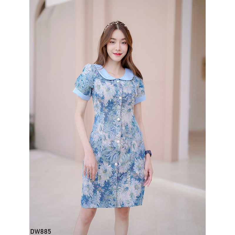 kudapy เดรสสั้นสีแดง/สีฟ้า คอบัวลูกไม้ผ้าทอ