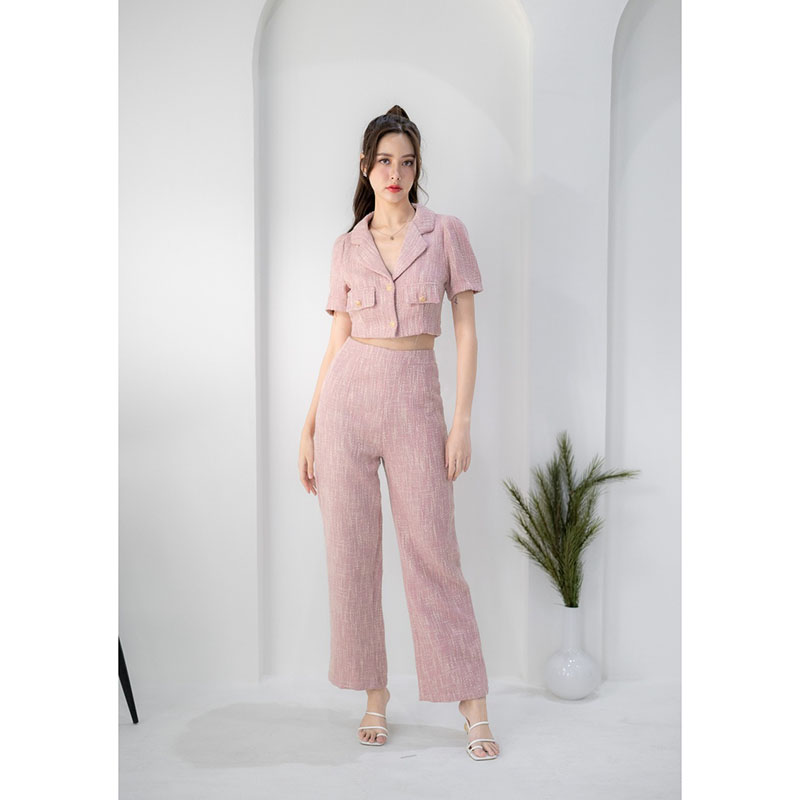 kudapy เซ็ทผ้าทวิตเสื้อปกสูท+กางเกงขายาวสีชมพู/สีดำ
