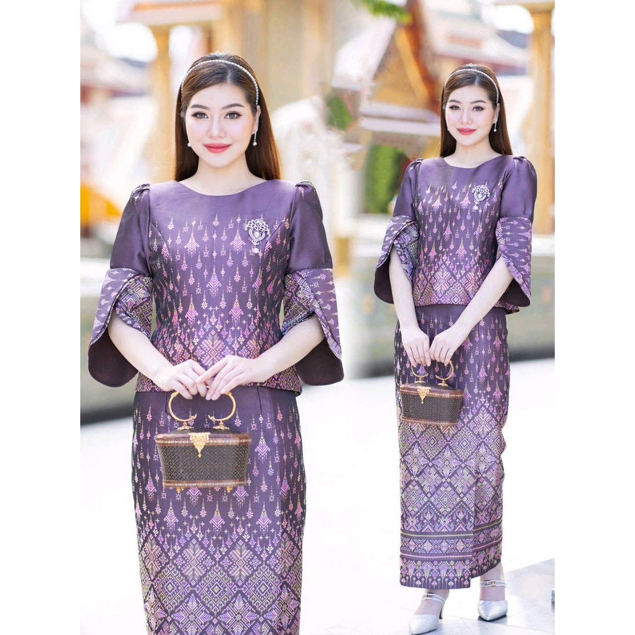 kudapy เซ็ทผ้าไหมทอลายแพรวากาฬสินทร์สีม่วง ผ้าไหมทอเครื่อง เนื้อเบาสบาย มีลายไทยในตัว