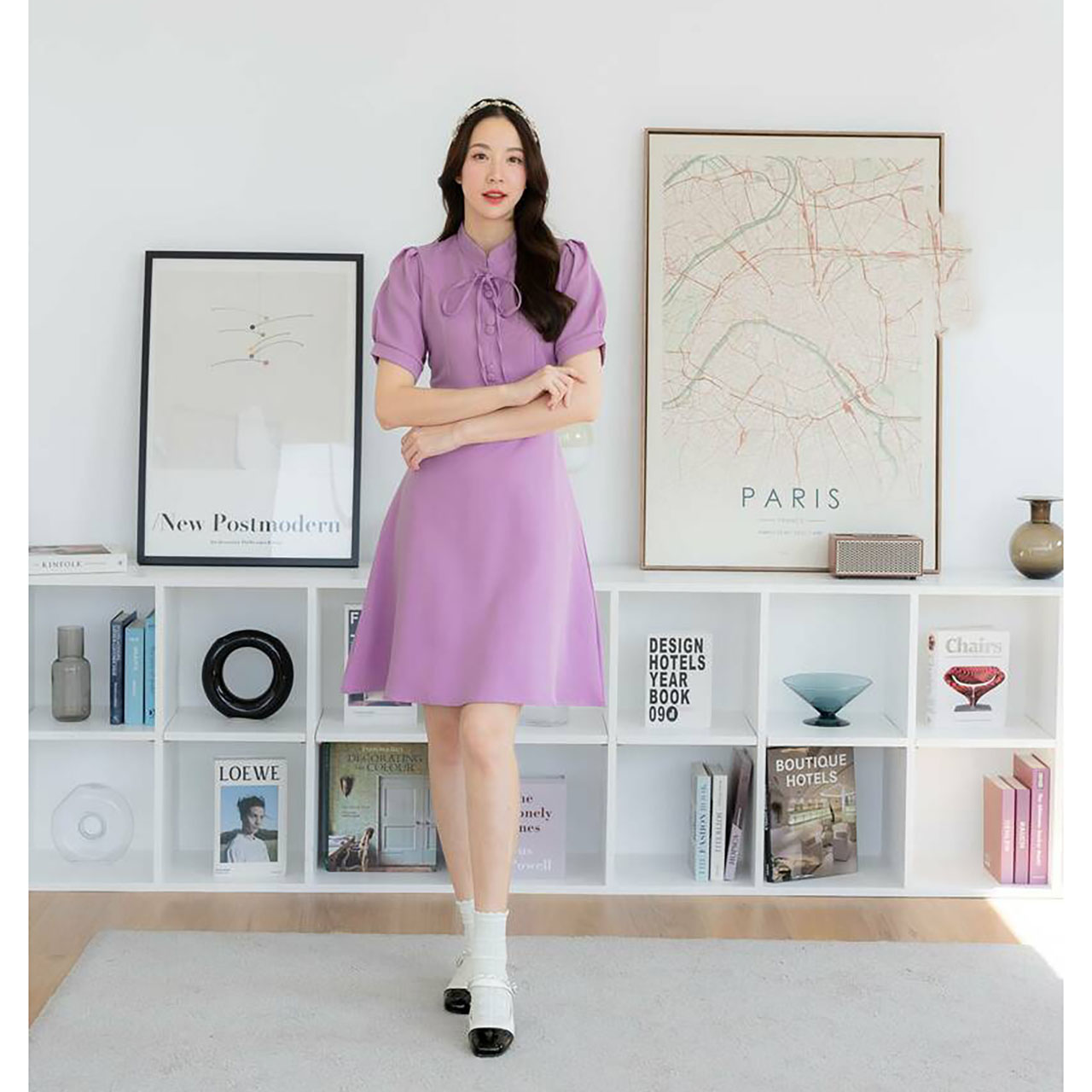 kudapy เดรสสั้นสีฟ้า/สีม่วง/สีชมพู กระโปรงบานผ้าพื้นผูกคอ