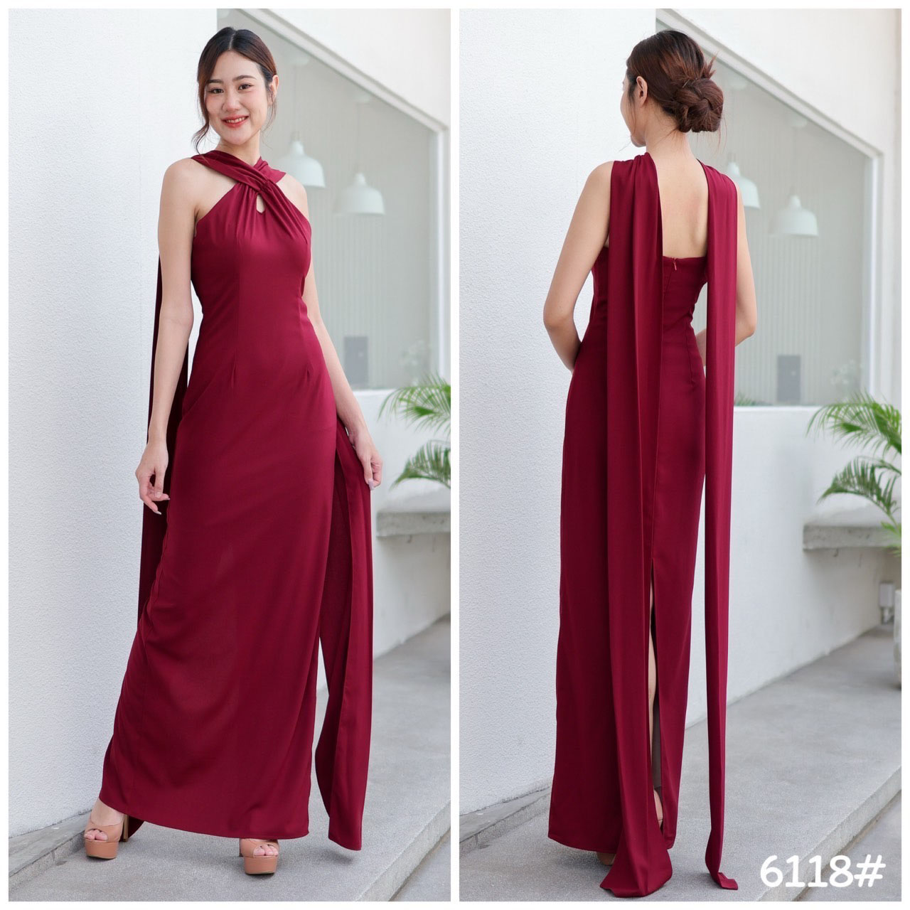 kudapy ชุดราตรีสุดแกลม ทรงเข้ารูป สายไขว่หน้าคล้องคอ ทิ้งชายยาว มีสายเดี่ยวจิ๋ว