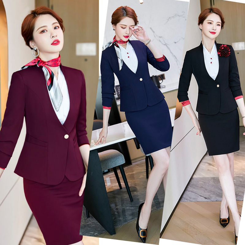 kudapy ชุดสูททำงานผู้หญิงสีดำ/สีกรม/สีแดงไวน์อบม่วง ปกสูงแต่งกระดุมพร้อมกระโปรง