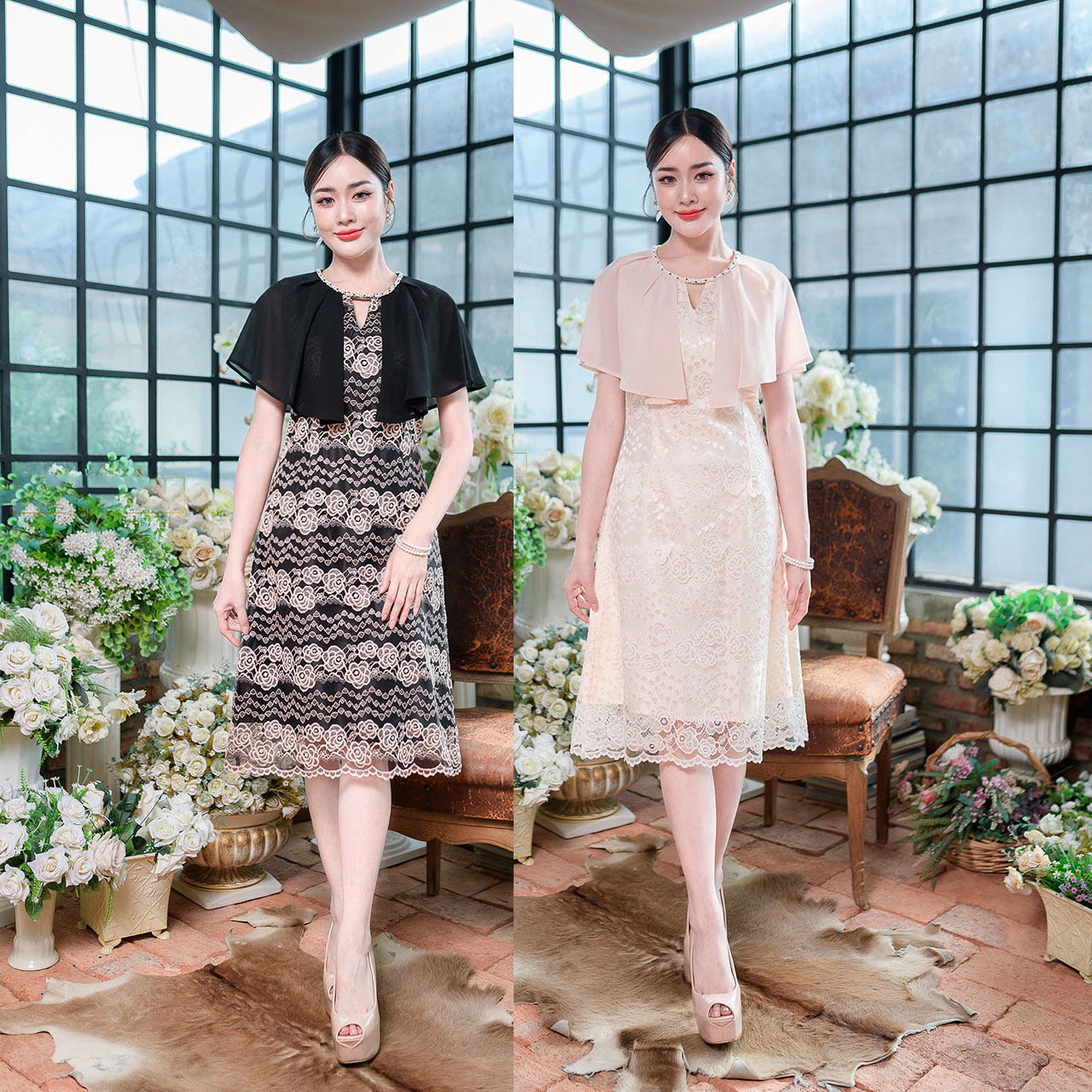 kudapy เดรสสั้นสีครีม/สีดำ ลูกไม้เนื้อนิ่มลายกุหลาบ เดรสทรงบานเล็กน้อยตีเกร็ดหน้าหลังเข้าทรง ช่วงไหล่แต่คลุมระบายด้วยผ้าชีฟอง พรางต้นแขนได้