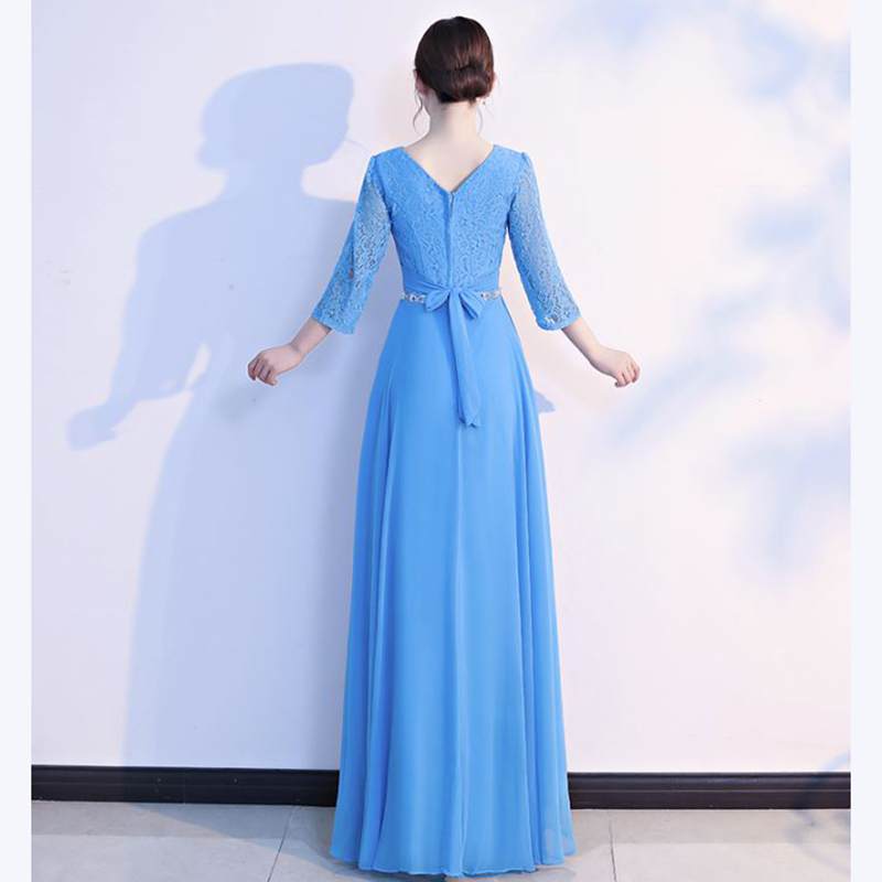 kudapy ชุดราตรียาวสีฟ้า ไซส์ใหญ่ แขนสามส่วน แต่งลูกไม้ กระโปรงผ้าชีฟอง เอวแต่งเพชร