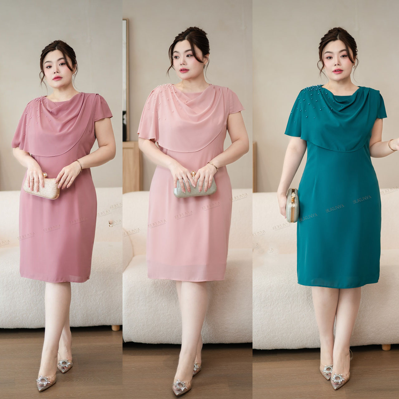 kudapy เดรสผ้าชีฟองเนื้อนิ่มใส่สบาย ดีเทล ด้านหน้าตกแต่งด้วยมุก
