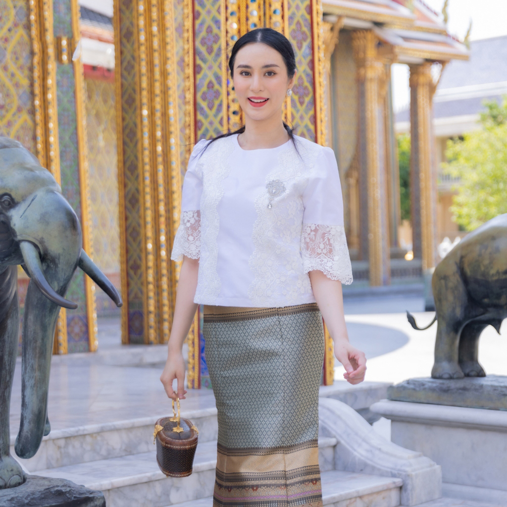 kudapy ชุดผ้าไหมชุดออกงานสีขาว ไปวัด ทำบุญ ทรงหางปลา