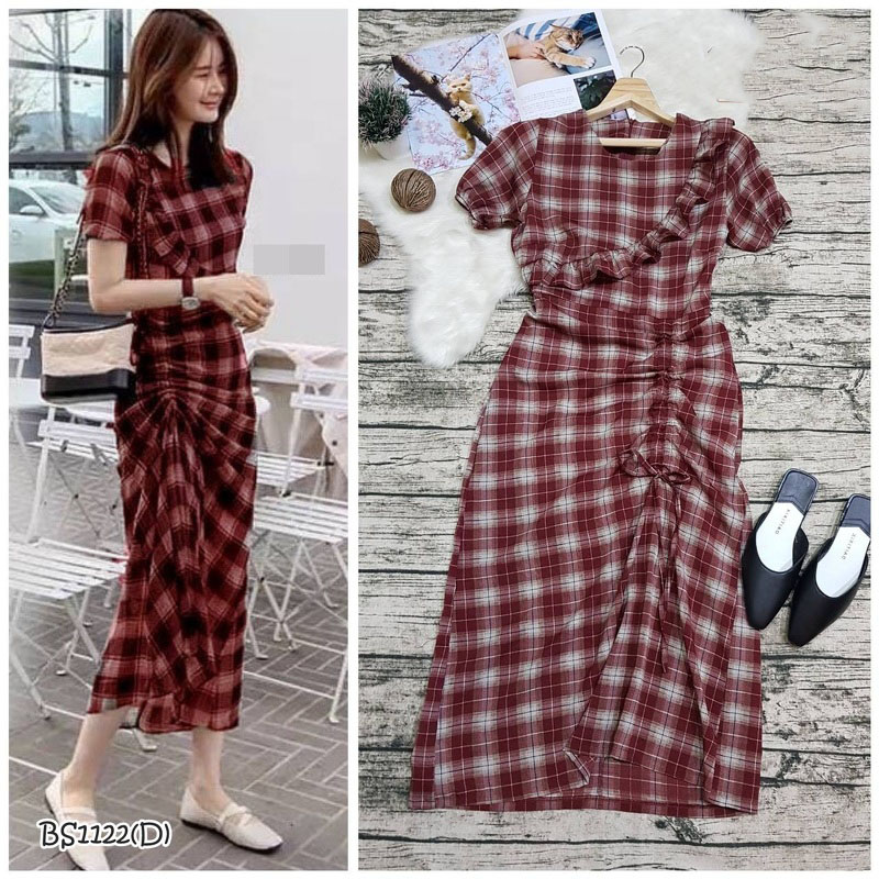 kudapyเดรสยาวสีดำ/แดงลายสก็อต แขนบาบี้ปลายแขนจั้มยาง งานผ้าไหมอิตาลี่นิ่มระบายอากาศได้ดี