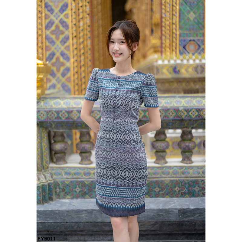 kudapy เดรสสั้นสีเหลือง/สีม่วง ผ้าทอทรงสอบ แต่งกระดุมหน้า ผ้าลายสวย ใส่สบาย ใส่ออกงาน ใส่ทำงานดูดี