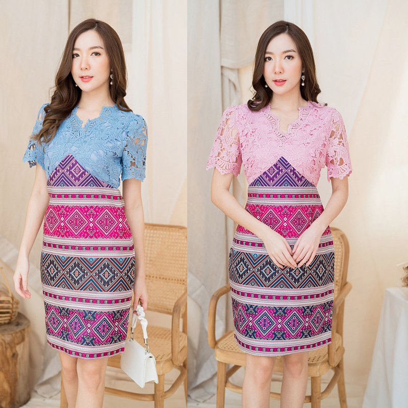 kudapy เซท 2 ชิ้น เสื้อลูกไม้แขนสั้นสีฟ้า/สีชมพู กระโปรงผ้าลายไทย เดรสทรงเอใส่สบาย