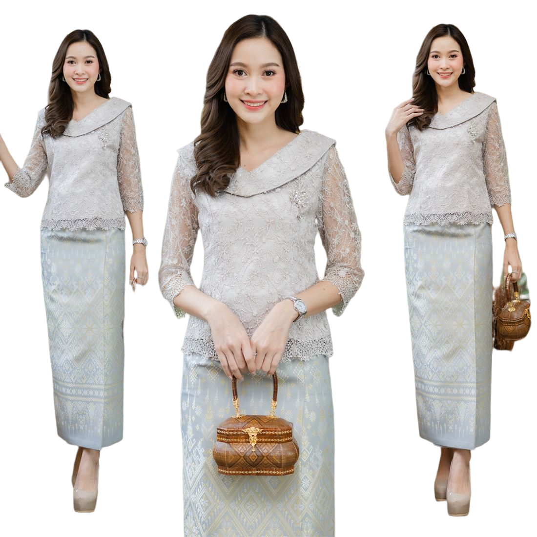 kudapy เสื้อลูกไม้สีเทา/สีทอง คอปาดกว้าง แขนยาวสามส่วน ไหหล่เย็บแต่งสามมิติ เอวเก็บทรงสวยมากค่ะ (เฉพาะเสื้อนะคะ)