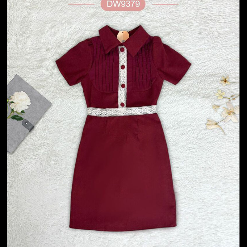 kudapy เดรสสีชมพู/สีแดง/สีดำ พื้นคอปกแต่งกระดุม 4 ชิ้น ใส่สบายสวยดูดีน่ารักมากๆ