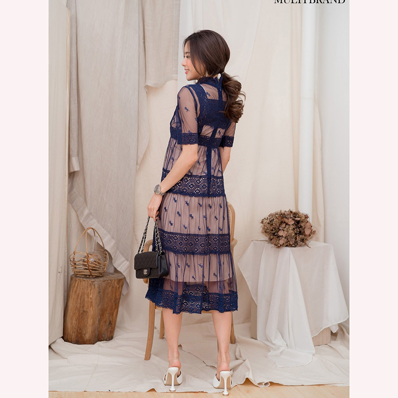 kudapy เดรสยาวสีแดง/สีกรม/สีชมพู/สีขาว ลูกไม้ตาข่ายสีสด ใส่สบายสวยดูดี