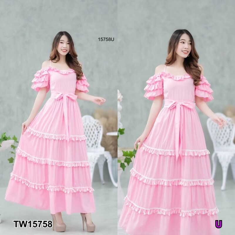 kudapy แม็กซี่เดรสสีชมพู ม่วง ม่วงอ่อน เขียว โอรสเข้ม สายเดี่ยวเว้าไหล่ แขน 2 ข้างระบายชั้น ผ้าไหมอิตาลี่ ระบายชั้นๆ