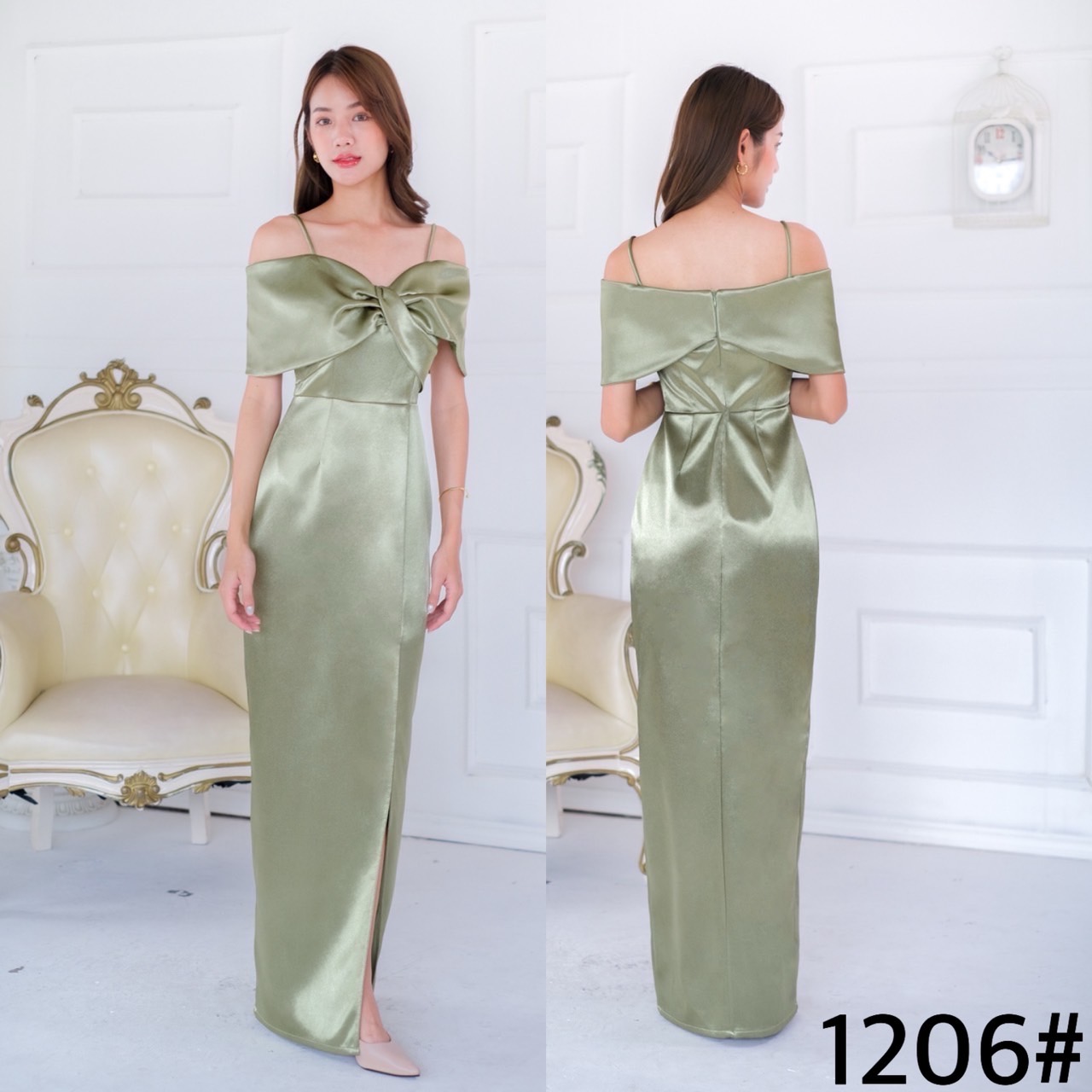 kudapy เดรสยาวเปิดบ่า ทวิชช่วงอก มีสายคาดบ่าให้ กระโปรงทรงบาน ความยาวครึ่งเข้ง เนื้อผ้าดัชเชสอัดกาว ผ้าเงาสวย อยู่ทรง