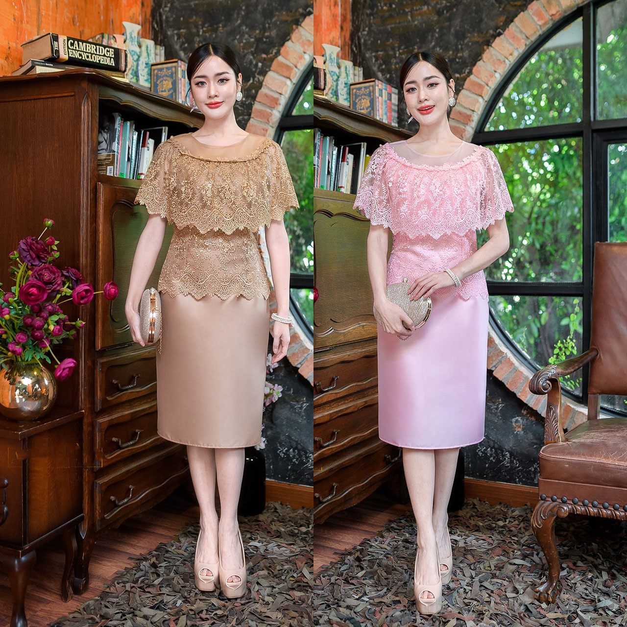 kudapy เดรสสั้น ผ้าไหมทรงสวย แต่งคลุมไหล่ระบายรอบตัวถึงด้านหลัง มีซับในทั้งชุด แต่งซิปหลัง