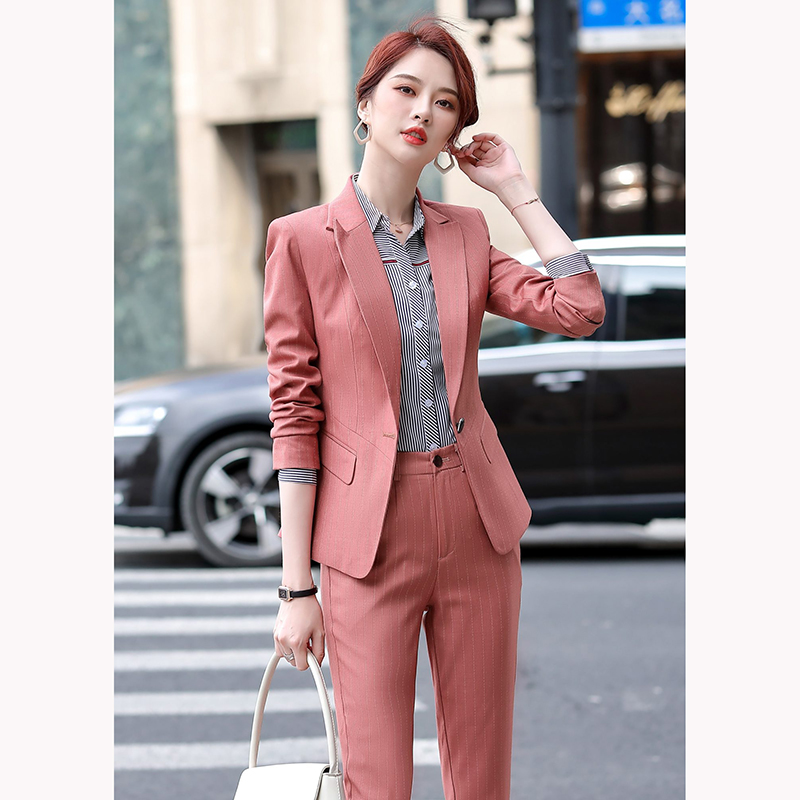 kudapy ชุดสูททำงานผู้หญิงสีแดง อมชมพูลายทางปกป้านพร้อมกางเกง