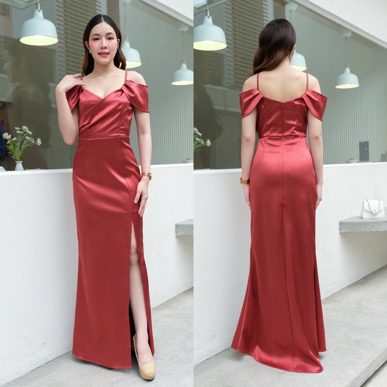 kudapy เดรสยาวสายเดี่ยวเปิดไหล่ ปิดแขน ผ่าข้าง สีชมพูโรสโกลด์,สีแดง,ชมพูกลีบบัว,น้ำตาลคอปเปอร์ Maxiผ้าดัชเชสอัดกาว เปิดบ่า รุ่นนี้มีสายให้นะคะ ไม่ต้องกลัวไหล่หลุด