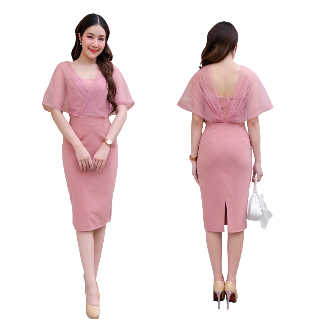 kudapy เดรสสั้นเกาะอก แต่งผ้าซีทรูคลุมไหล่ เดรสไปงาน สีน้ำเงิน/เขียวมิ้น/ ฟ้า /สีส้มอิฐ/ ครีม /ชมพู