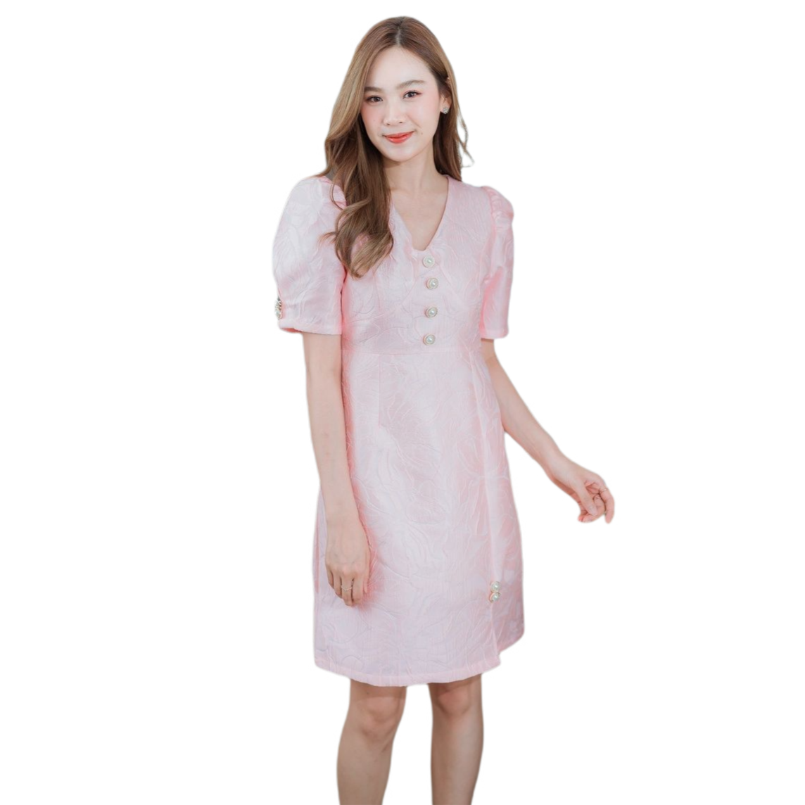 kudapy เดรสสั้นแขนพองสีเหลือง สีขาว สีชมพู เดรสสั้นคอวีแต่งกระดุมหน้า ช่วงล่างผ่าหน้าแต่งกระดุม 2 เม็ด ทรงเข้ารูป