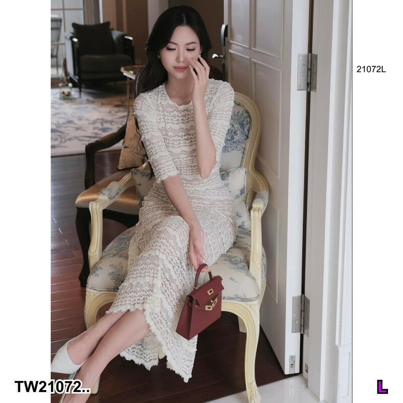 kudapy เดรสยาวสีขาว ลูกไม้ แขนสามส่วน เดรสแขนสามส่วน สไตล์ลูกคุณ สาวหวานเรียบร้อย