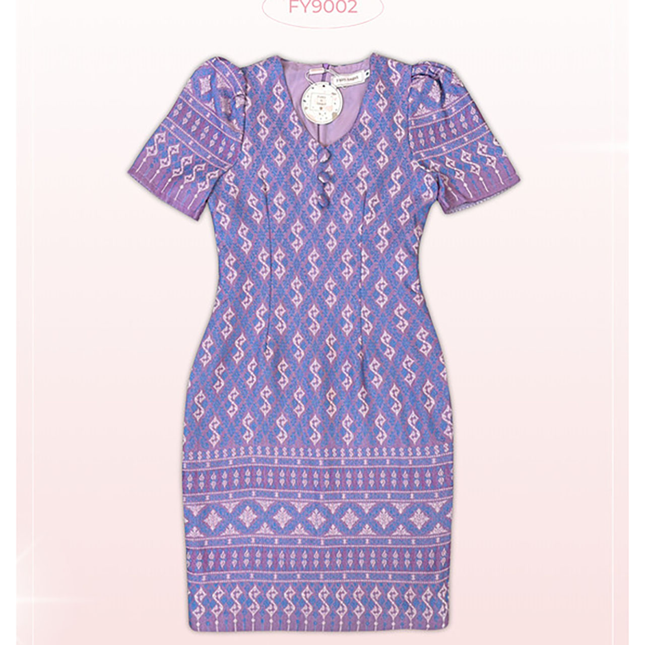 kudapy เดรสสั้นสีชมพู/สีม่วง ผ้าไทยทรงสอบกระดุม3เม็ด