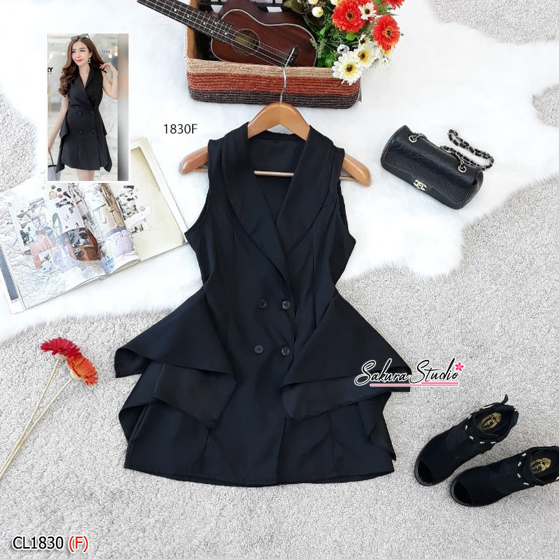 kudapy เดรสสูท แขนกุด ติดกระดุมหน้าแกะออกได้จริง งานผ้าซาร่าอย่างดี เอวไม่สม็อค ดีเทลแต่งระบาย 2 ข้าง