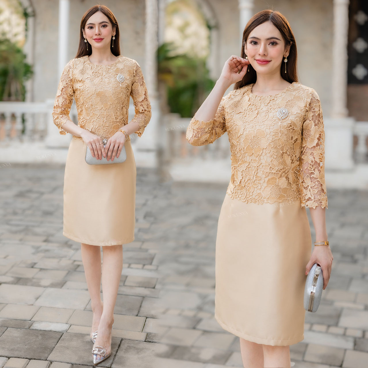 kudapy เดรส งานผ้าไหมจิตลดา ผ่าหลัง ตัวชุดผ้าไหมอัดกาวมาพร้อมซับใน ช่วงตัวชุดแต่งลูกไม้ทอเงา คอกลม