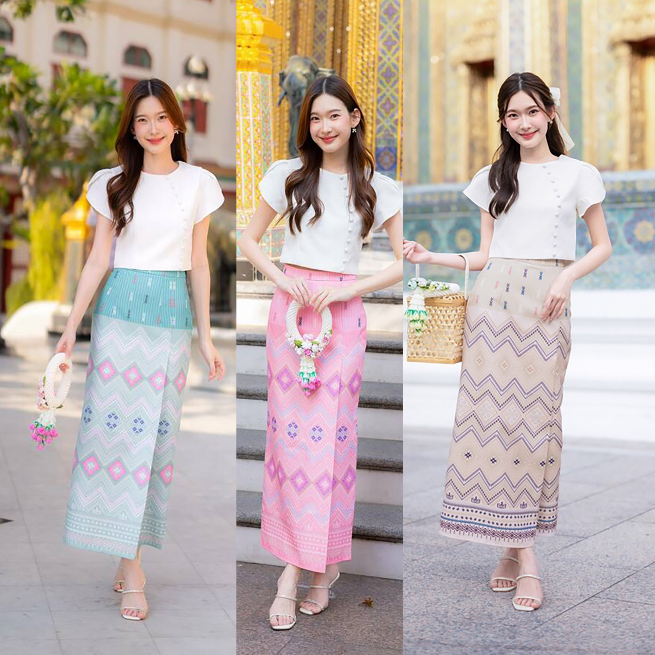 kudapy เซ็ตเสื้อแขนกลีบบัว+กระโปรงลายไทยสีครีม