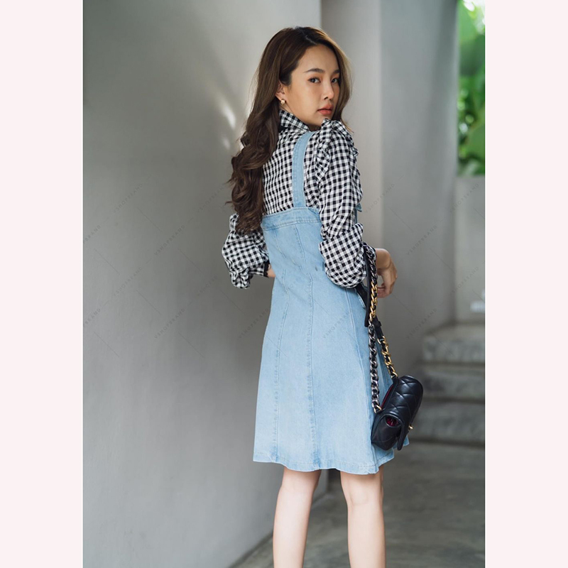 kudapy เชิ้ตผ้าสก็อตสีดำ/สียีนส์ฟ้า แมทเอี๊ยมยีนส์ ใช้ผ้ายีนส์ชนิดยืดใส่สบายมากๆ