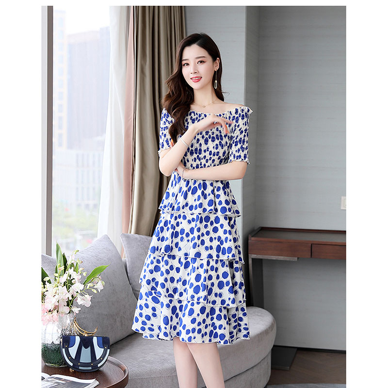 kudapy ชุดเดรสสั้นสีแดง,สีน้ำเงิน ใส่ทำงาน ผ้าโพลีเอสเตอร์ผสมพื้นสีครีม