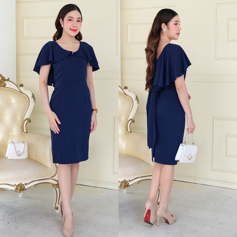 kudapy เดรสสั้นสีแดง/สีกรมท่า/สีส้มอิฐ /สีชาไทย คอวี ระบายบ่าไล่ระดับ พรางแขนทรงสุภาพ ใส่ได้หลายโอกาส