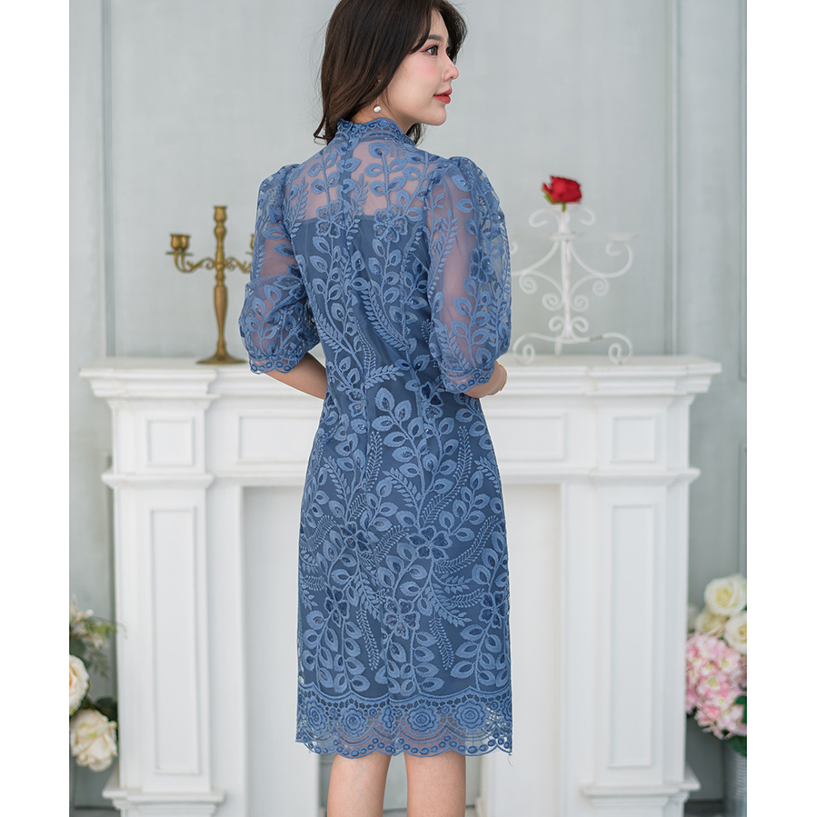 kudapy เดรสสั้นลูกไม้สีฟ้าคราม/สีชมพูอ่อน/สีชมพูบานเย็น เดรสคอจีน แต่งแขนพองบอลลูนสีส่วน