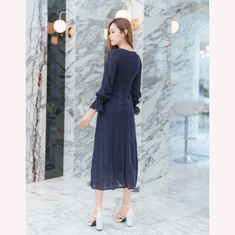 kudapy เดรสยาวสีกรม/สีขาว/สีชมพู แขนยาวลูกไม้ซีทรู สวยดูดีใส่สบายตัว