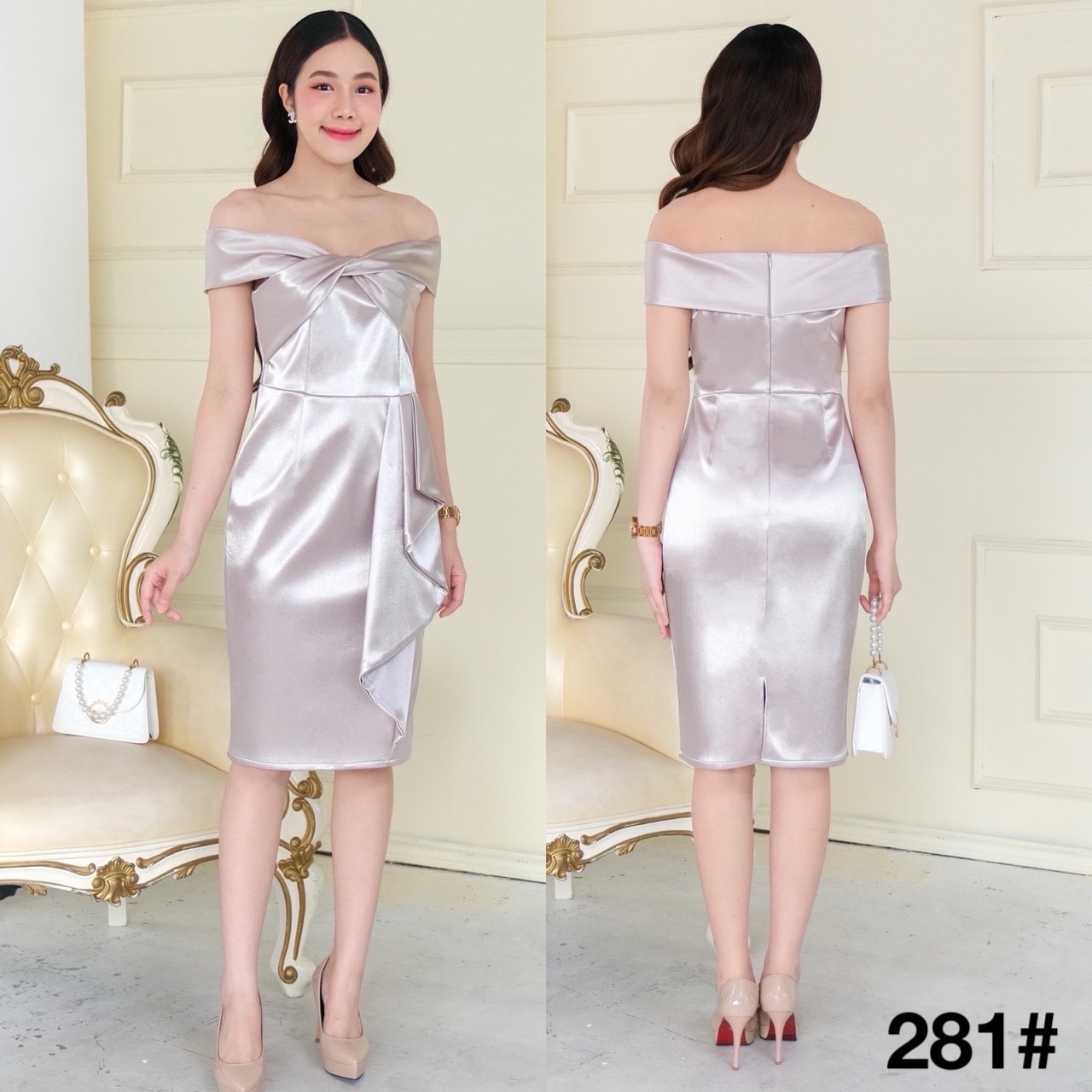 kudapy เดรสสั้นเปิดบ่าทวิชอก กระโปรงสอบ แต่งจีบสะโพก ซิปหลังใส่ง่าย เนื้อผ้าดัชเชสอัดกาว