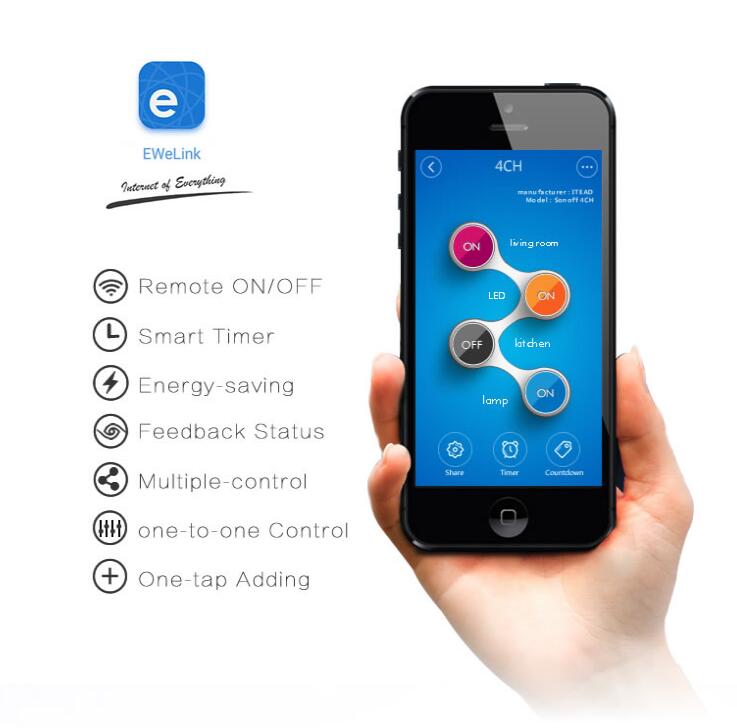 Sonoff CH4 สวิตซ์ Wi-FI ไร้สายแบบ 4 ช่อง ควบคุมแยกอิสระผ่านปุ่มและแอพ