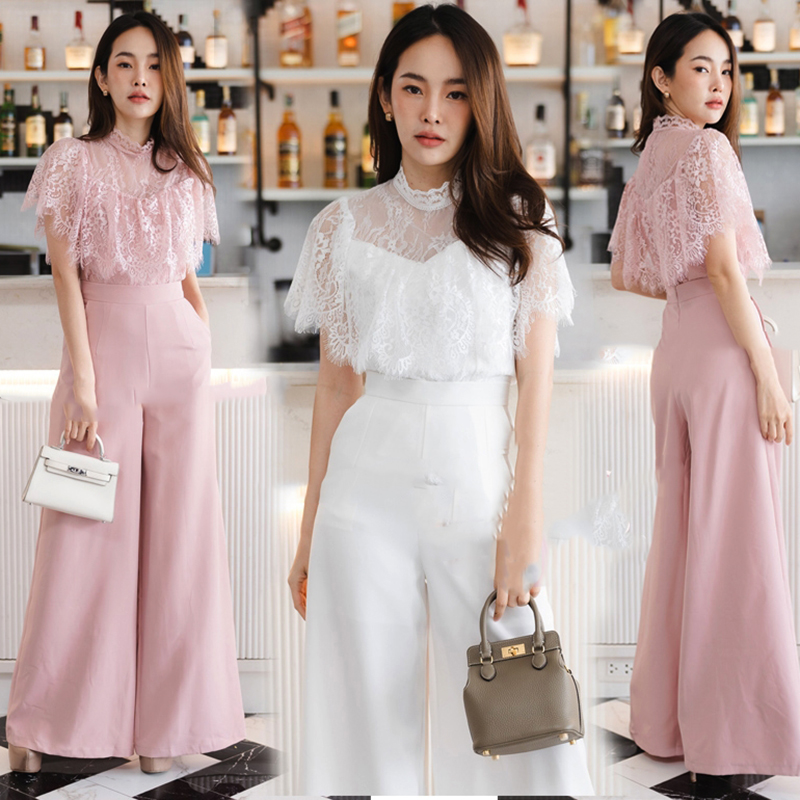 kudapy เซท 2ชิ้น เสื้อลูกไม้+กางเกงขายาว สีขาว/สีชมพู/สีฟ้า/สีทอง แต่งระบายอก