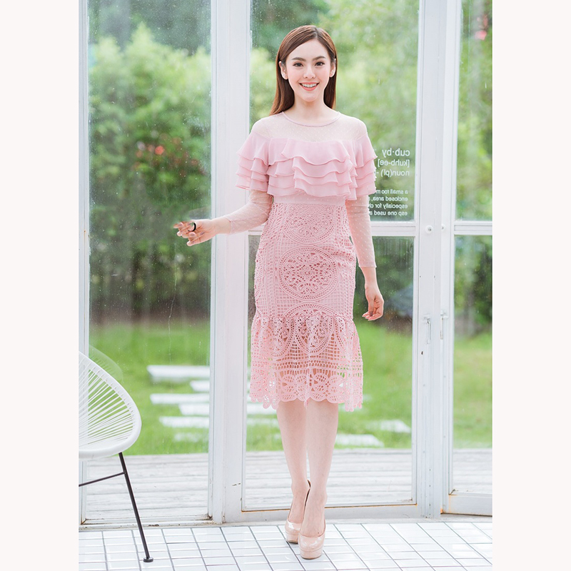 kudapy เดรสสั้รสีชมพู/สีกรม/สีขาว ลูกไม้อกชีฟอง4ชั้นใส่สวยดูดี