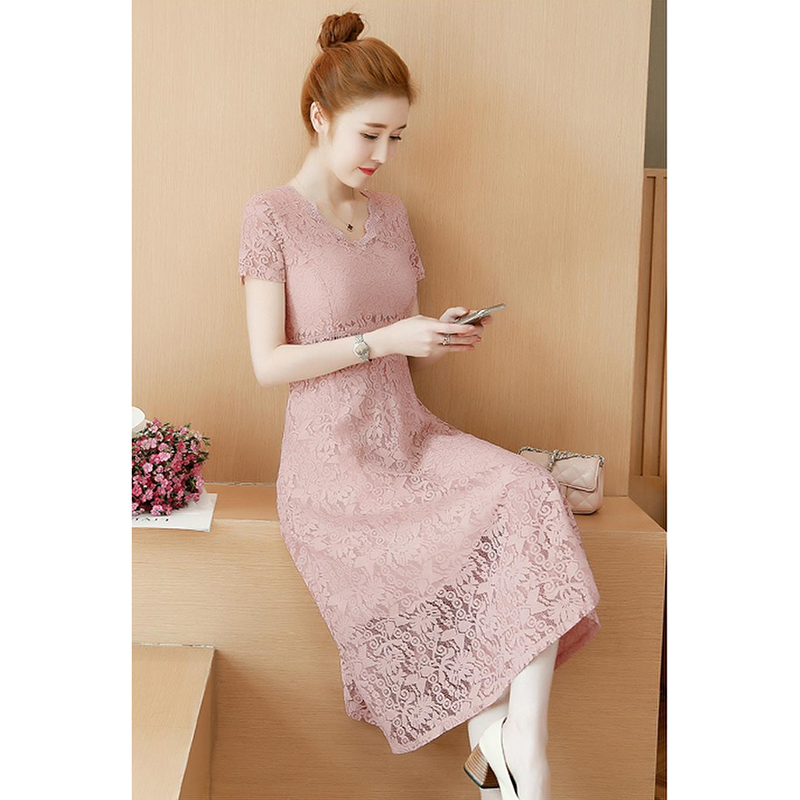 kudapy เดรสสั้นสีม่วง/สีแอปริคอท ลูกไม้คอหยัก สีหวาน แต่งซีทรูลูกไม้ถักช่วงเอว มีซิปซ่อนด้านหลัง มีซับใน ใส่ออกงานได้