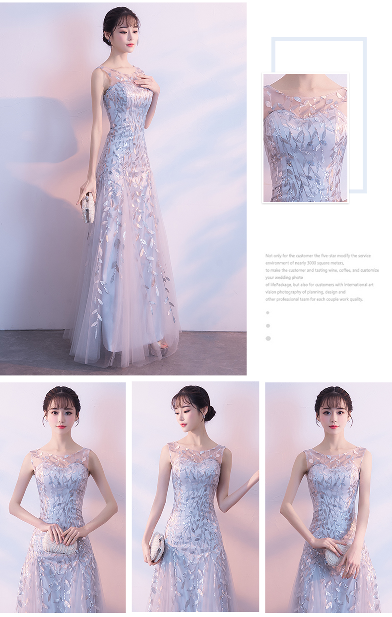 ชุดราตรีสีเทาเงิน ผ้าลูกไม้ปักลายใบไม้แต่งด้วยเหลือบดิ้นสีเงิน M