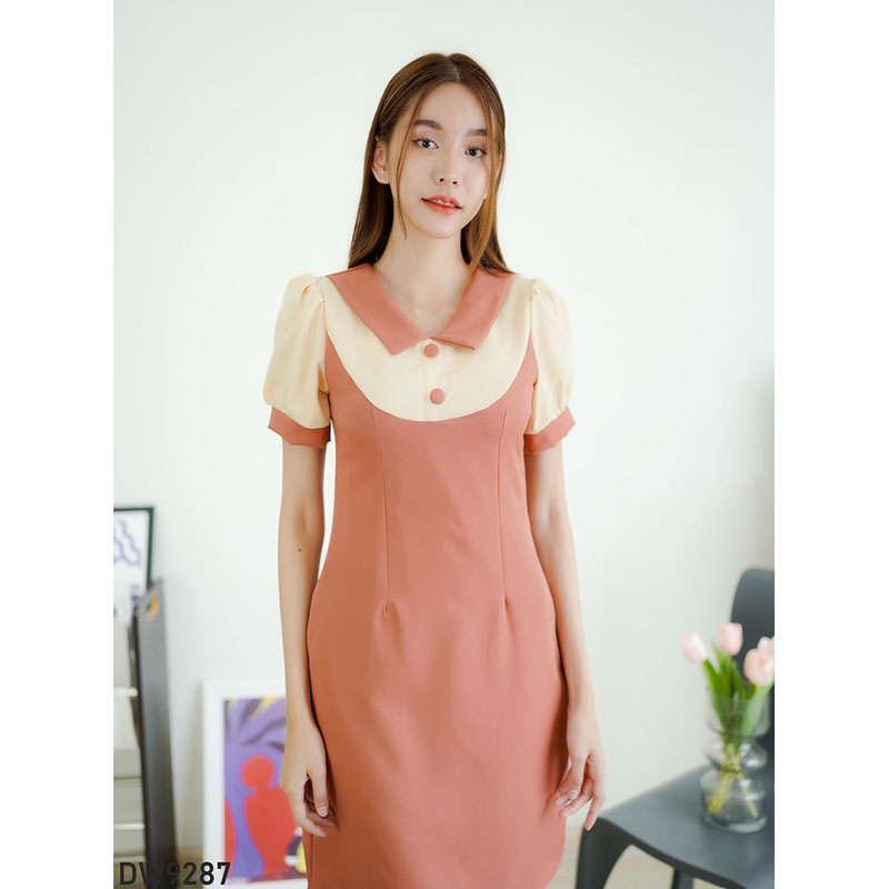 kudapy เดรสสั้นสีส้ม/สีดำ/สีแดง ทูโทนแขนจั๊ม สวยดูดี ใส่ทำงาน ออกงาน