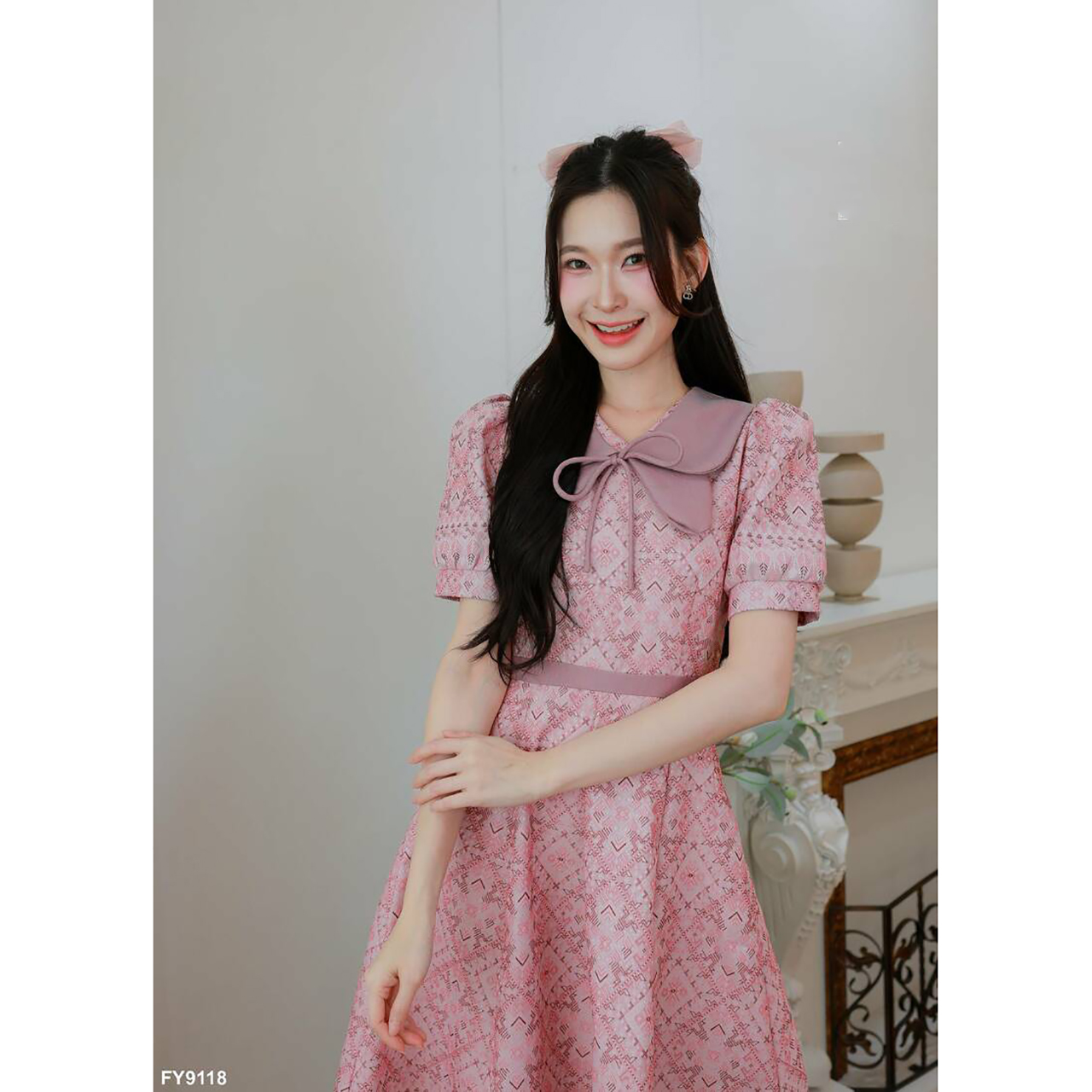 kudapy เดรสคอปกบัวผีเสื้อแขนตุ๊กตาพิมพ์ลาย