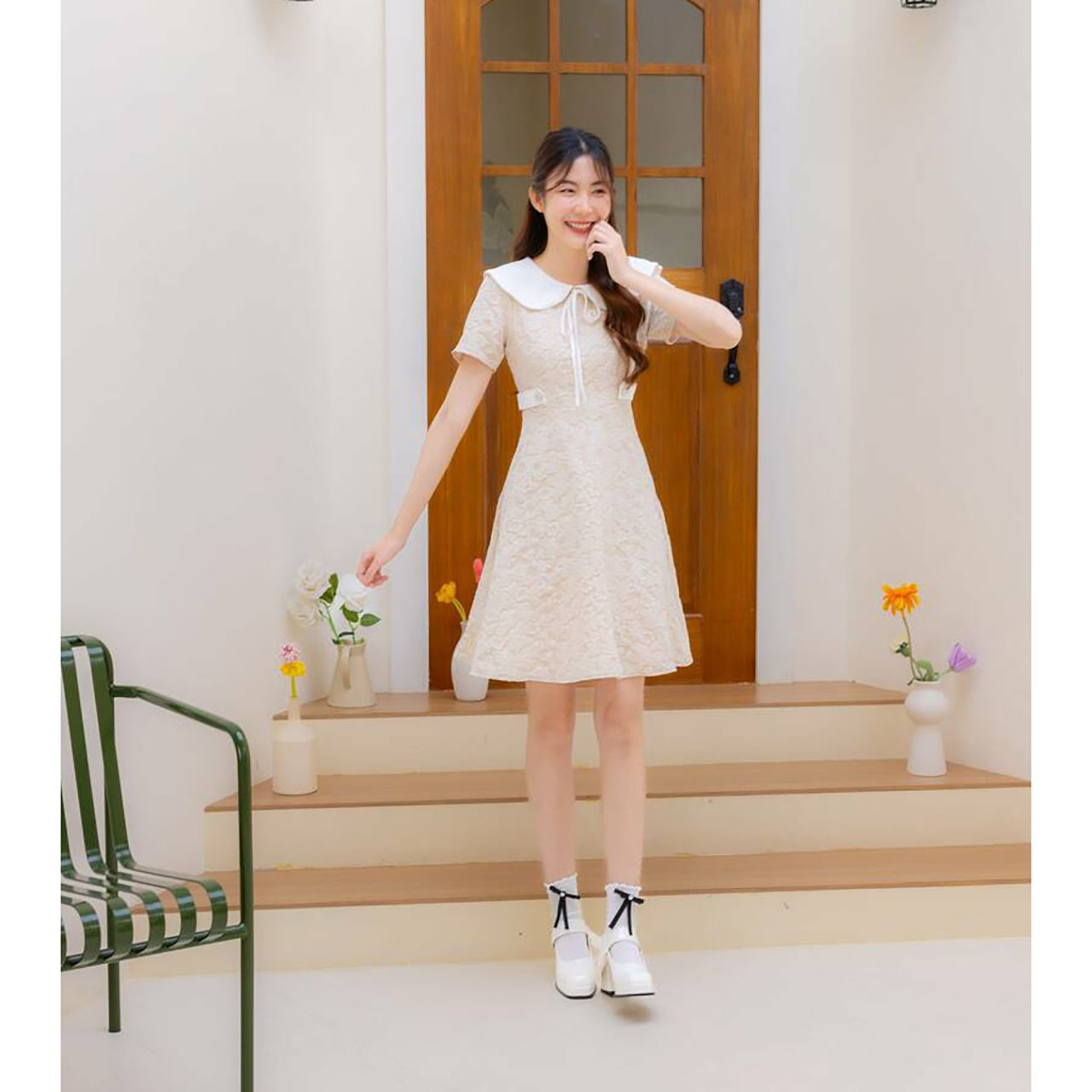 kudapy เดรสสั้นสีชมพู สีน้ำตาล สีฟ้า คอปกแจคกาดคาดเอว