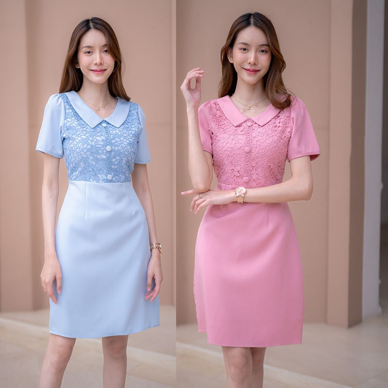 kudapy เดรสสั้นสีชมพู/สีฟ้า ผ้าทออกลูกไม้ ใส่ออกงานสวยดูดี น่ารัก