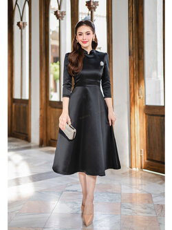 kudapy เดรสผ้าไหมญี่ปุ่น แขนสามส่วน คอปีน มาพร้อมซิปหลังและซับในกระโปรงทรงเจ้าหญิง