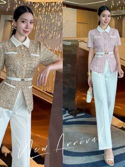 kudapy ชุดเซ็ท 3 ชิ้น เสื้อทวิตแขนสั้น + กางเกง มาพร้อมเข็มขัด เสื้อทวีตแขนสั้น คอปก