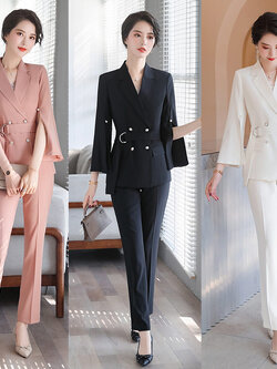kudapy ชุดสูททำงานผู้หญิงสีพีช/สีขาว/สีดำ กระดุมมุกพร้อมกางเกง เสื้อจะเป็นทรงปล่อยมีเข็มขัดผ้ารัดเป็นปกป้าน